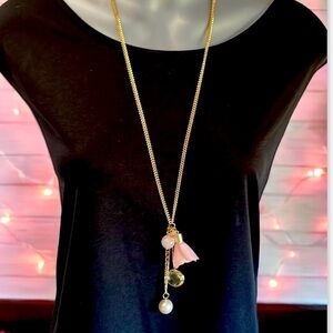 LONG Gold Necklace Pendant with Pink Flower and Charms by INC